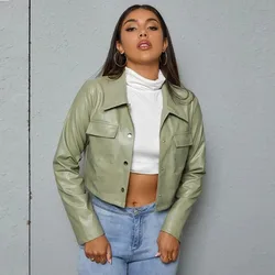 Chaqueta de cuero PU verde aguacate para mujer, chaqueta con solapa, locomotora, estilo callejero, nueva moda, Otoño, 2024