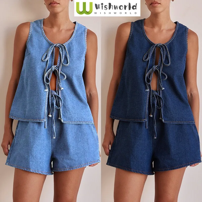 

Spring and Summer Fashion Casual Sleeveless Lace Up High Waisted Women's Vest Denim Shorts Two-piece Set