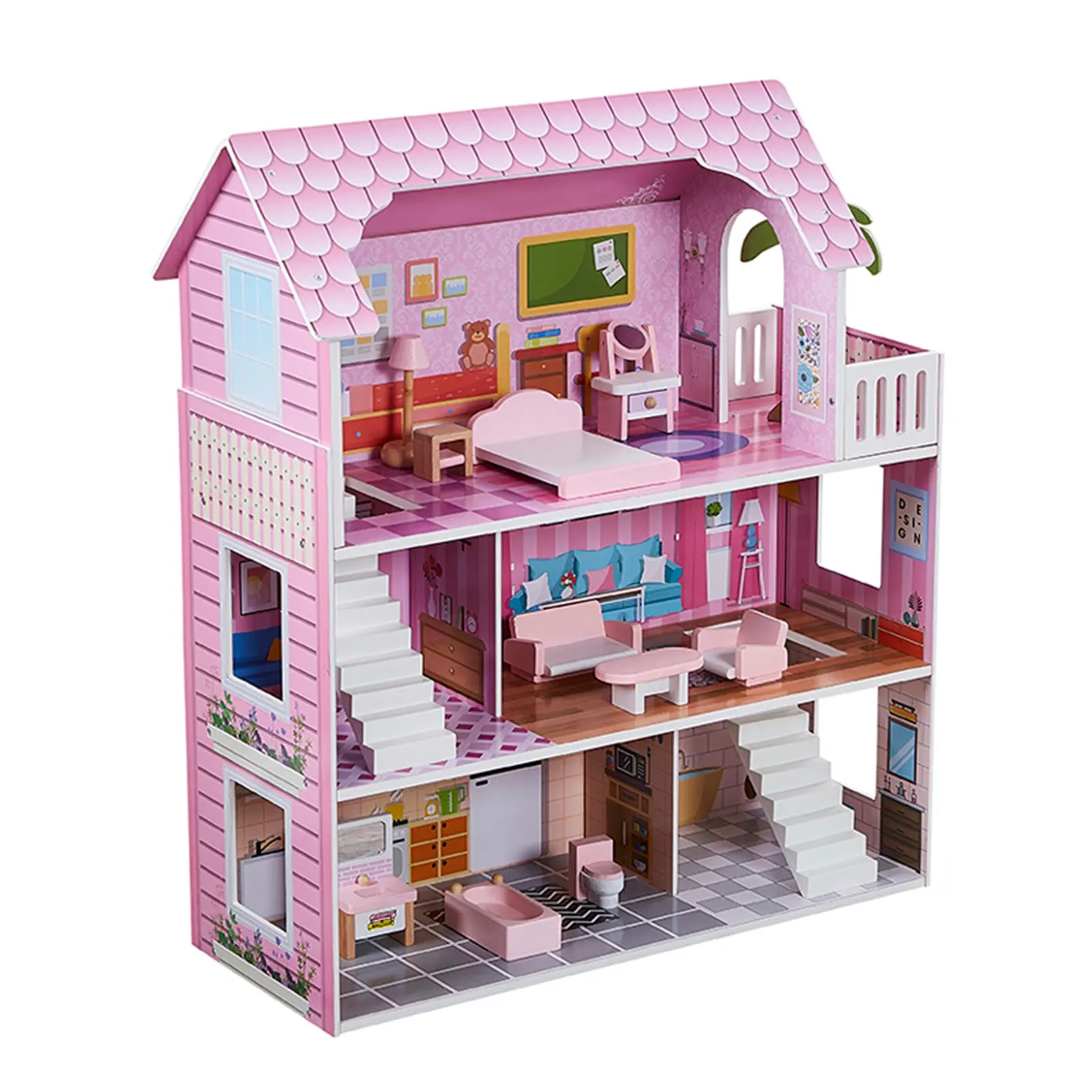 

Pink 3 Story Wooden Dollhouse Playset with Furniture Multiple Rooms for Girls Doll Cottage Above 3 Years Old Role Playing