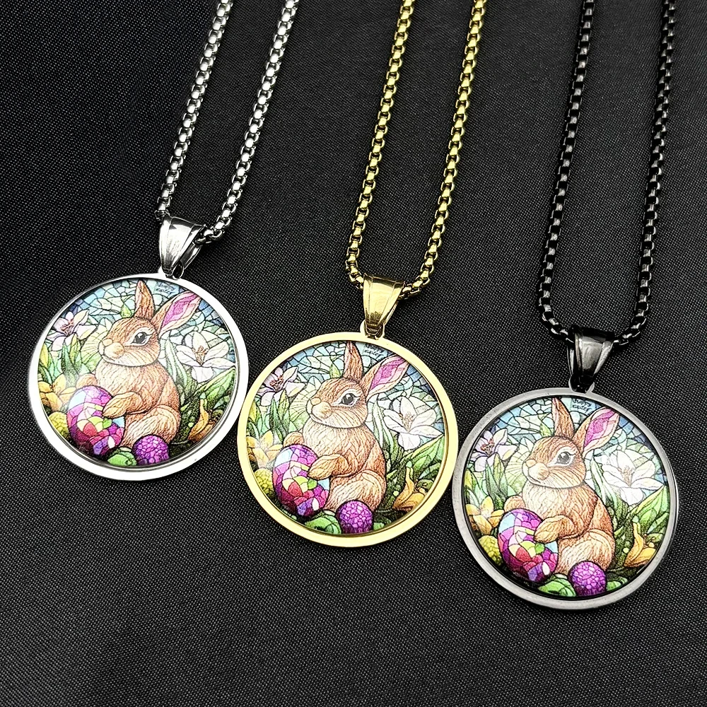 

Bunny Easter Egg Chain For Women Men Stainless Steel Glass Lily Flower Christianity Rabbit Festival Retor Necklace Jewelry Gifts