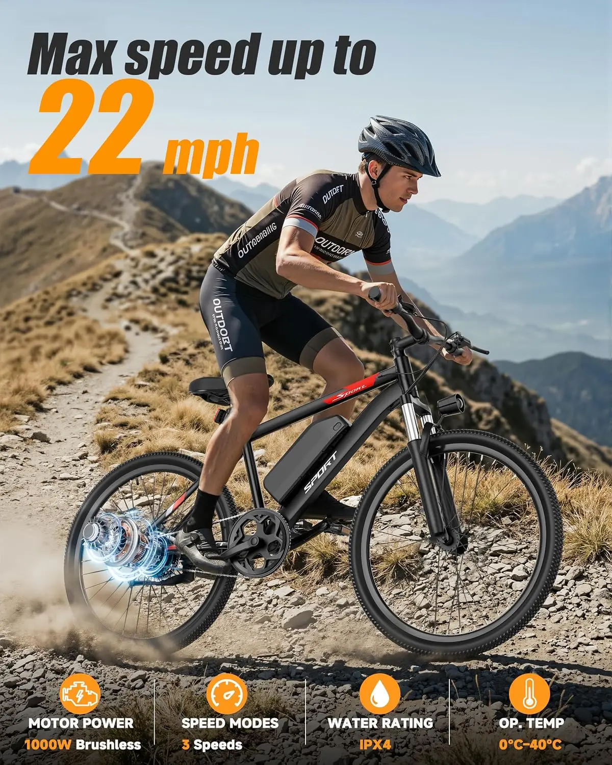 1000W 26 Inch Electric Bike 48V Removable Battery 30 Miles 20 MPH 3 Modes Front Suspension Commuter Ebike, Customized