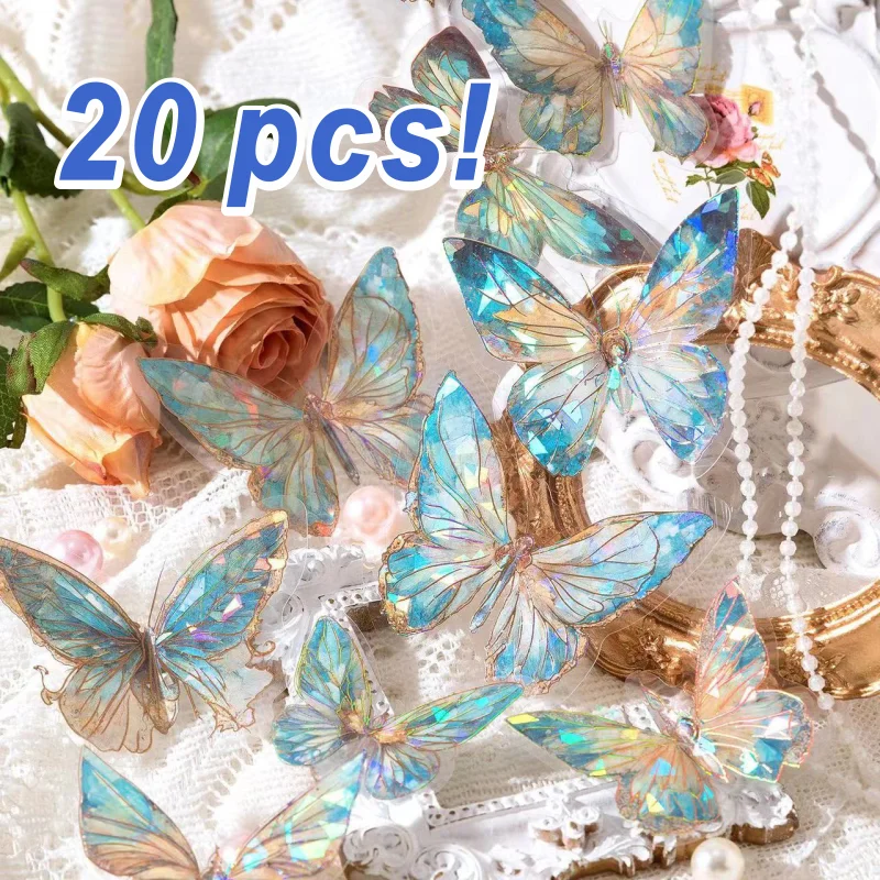 

20pcs Stickers Ice Crystal Laser Butterfly Laser Gold DIY Decorative Scrapbooking Material Collage Sticker Journal
