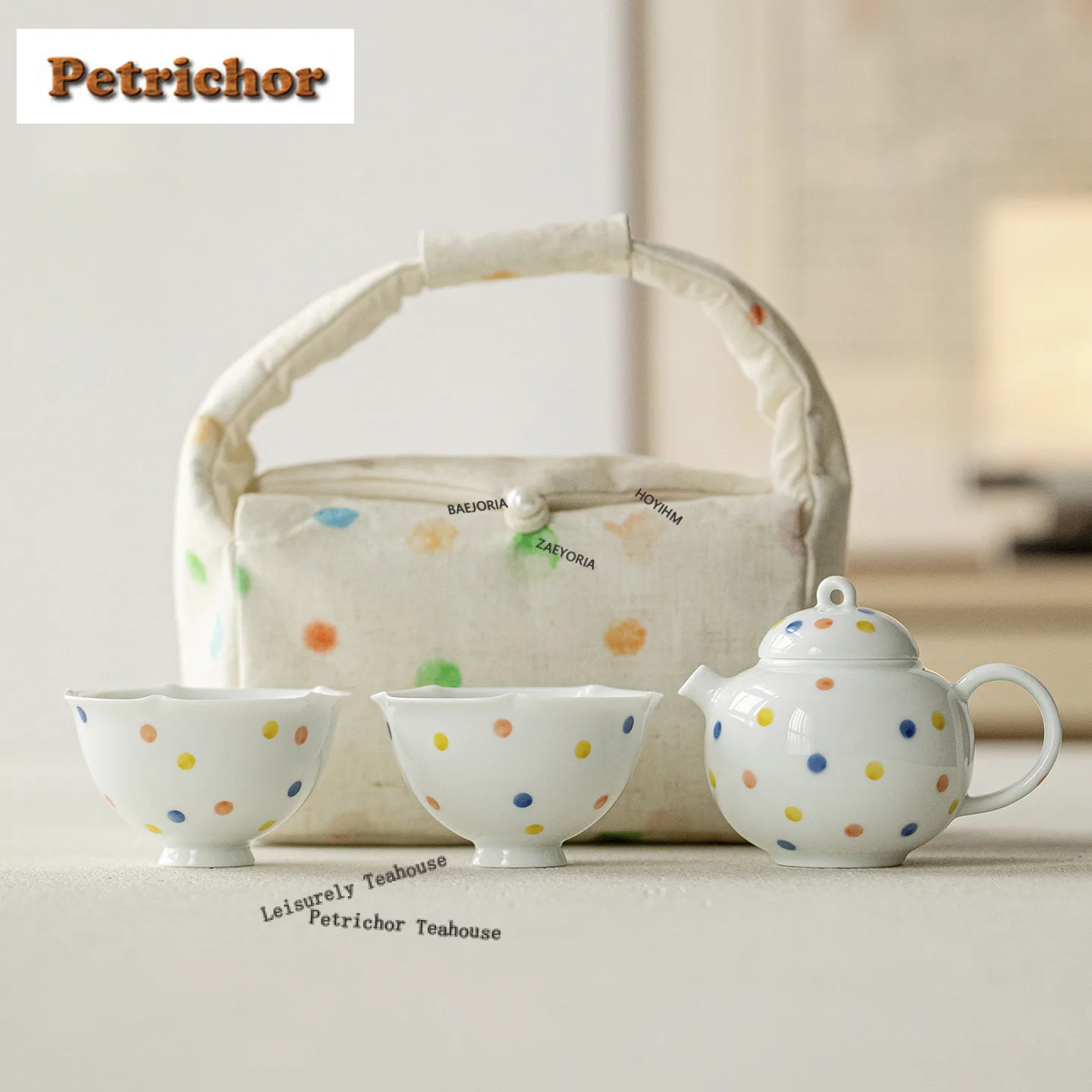 Handbemaltes Weißes Porzellan Polka Dot Reise-Teeservice Set Handgefertigt 1 Kanne 2 Tassen Teebrüh-Organizer Tragbare Camping-Tragetasche