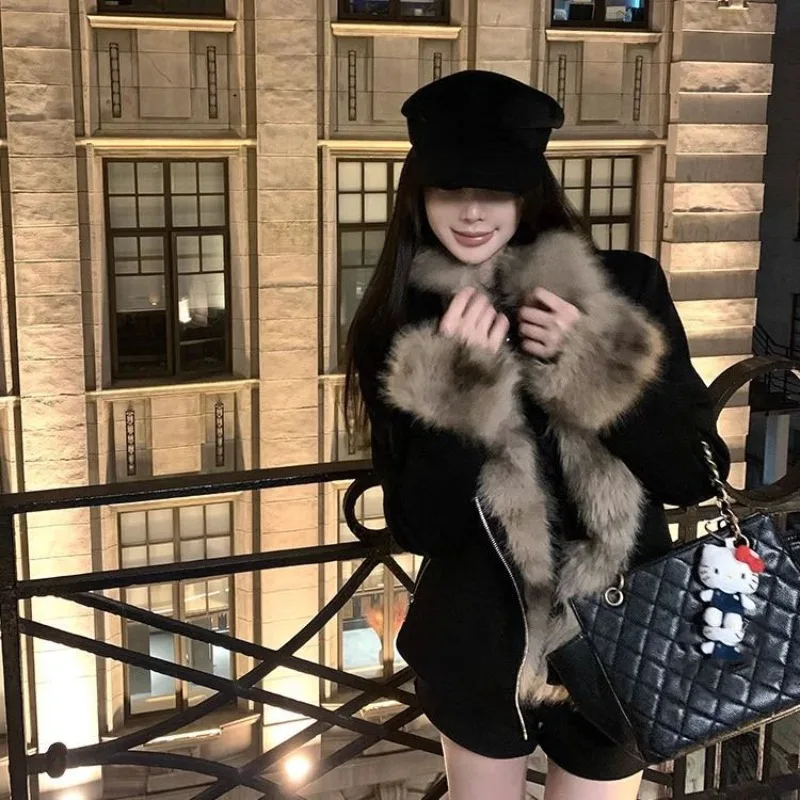Black Fur Integrated Plush Collar Jacket Women's Autumn Winter Thickened Short Slim Locomotive Jacket Female Cotton Padded Coat