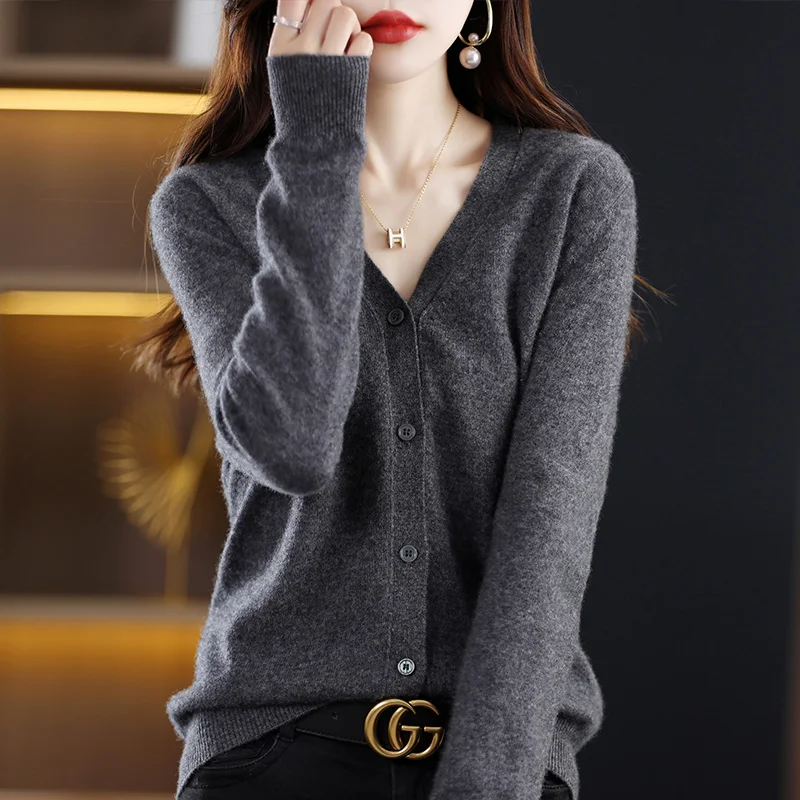 2024 Spring Autumn Women Sweater Long Sleeve V-Neck Cardigan 100% Merino Wool Pure Color Knitwear Korean Fashion Women Clothing