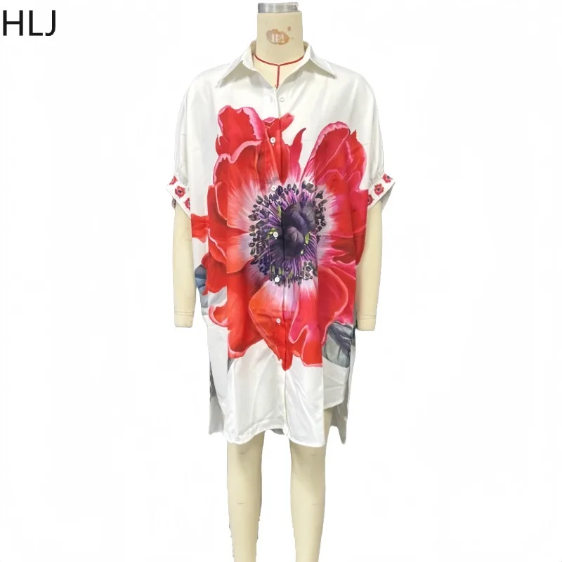 HLJ Elegant Floral Printting Loose Shirt Women 2025 Summer Short Sleeve Irregular Patchwork Shirt Style Dress Female Vestidos