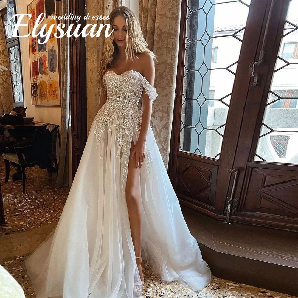 Customized Boho Wedding Dresses Crystal Beading Off the Shoulder Lace Appliques A-Line Wedding Gown Sweetheart Bridal Gown