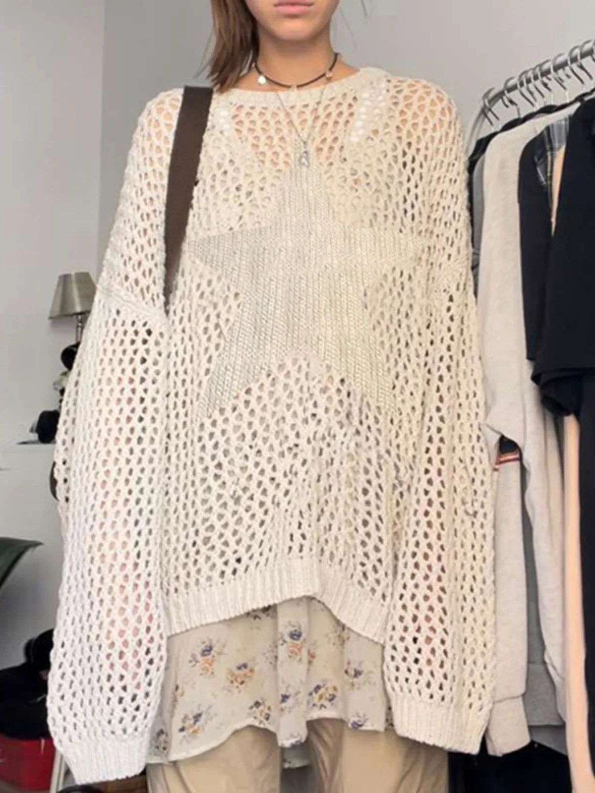 Top da donna in lana con prospettiva cava lavorata a maglia, casual, lungo, ultra sottile, da strada, vestibilità ampia, rotondo