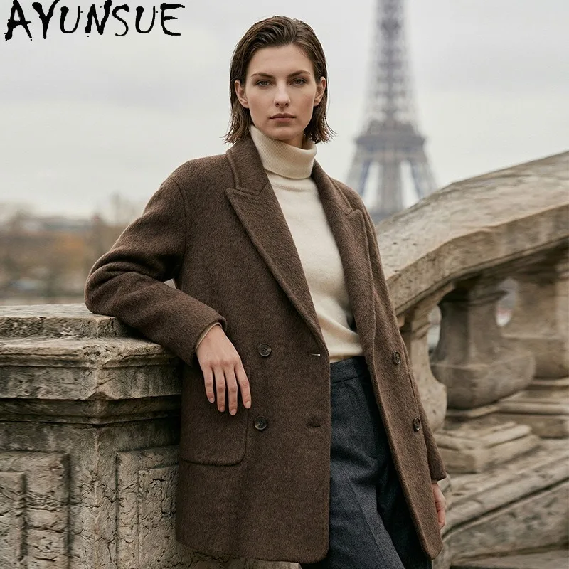 AYUNSUE 100% Wool Coat Woman Loose Commuting Woolen Overcoat Autumn Winter Double-breasted Jacket Woman Clothes Casaco Feminino