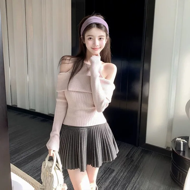 

Однотонные пуловеры с открытыми плечами, женские тонкие универсальные укороченные топы с длинными рукавами, весенний милый трикотаж из двух предметов