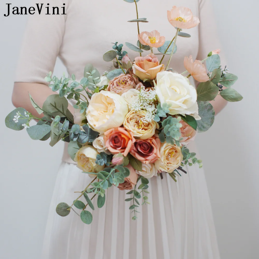 

JaneVini Artificial Champagne Bride Wedding Flowers Bouquet the Rose Peony Eucalyptus Natural Bridal Bouquet Ramo Rosas Novia