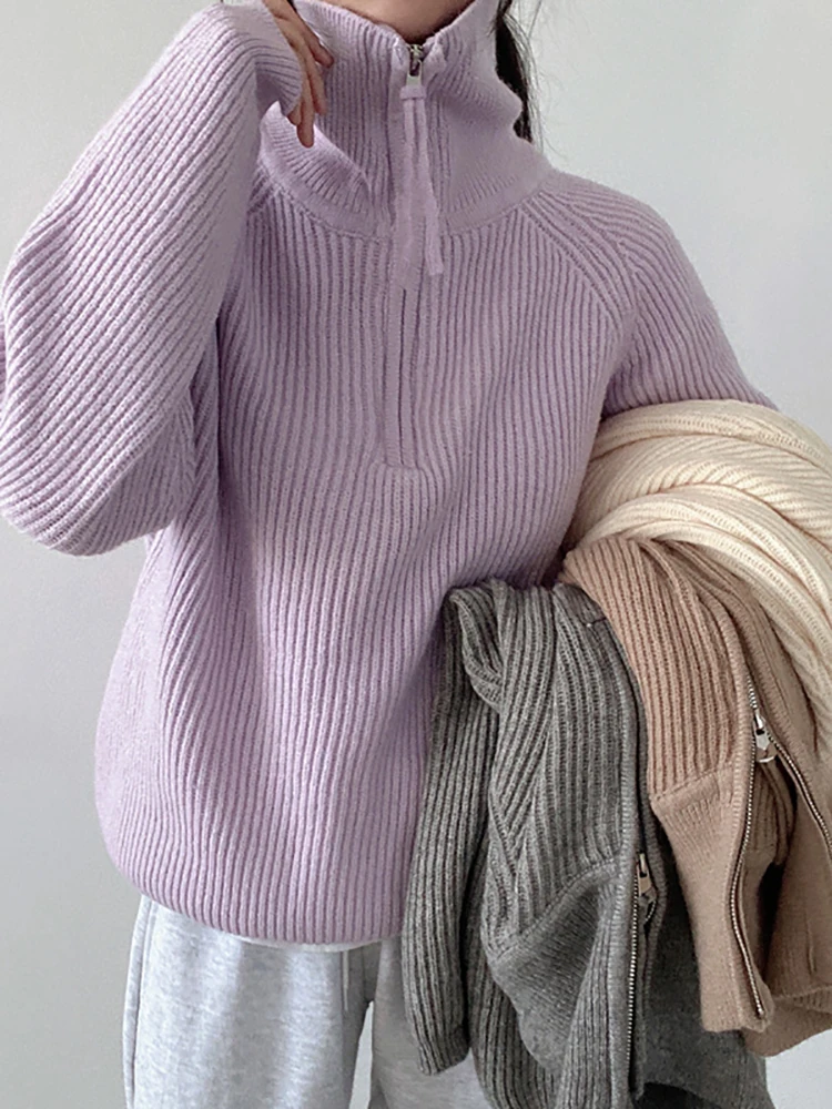 

Turtleneck Women Sweater 2025 Fashion Stripe Loose Zipper Knitting Sweaters Vintage Long Sleeve Female Pullover Tops