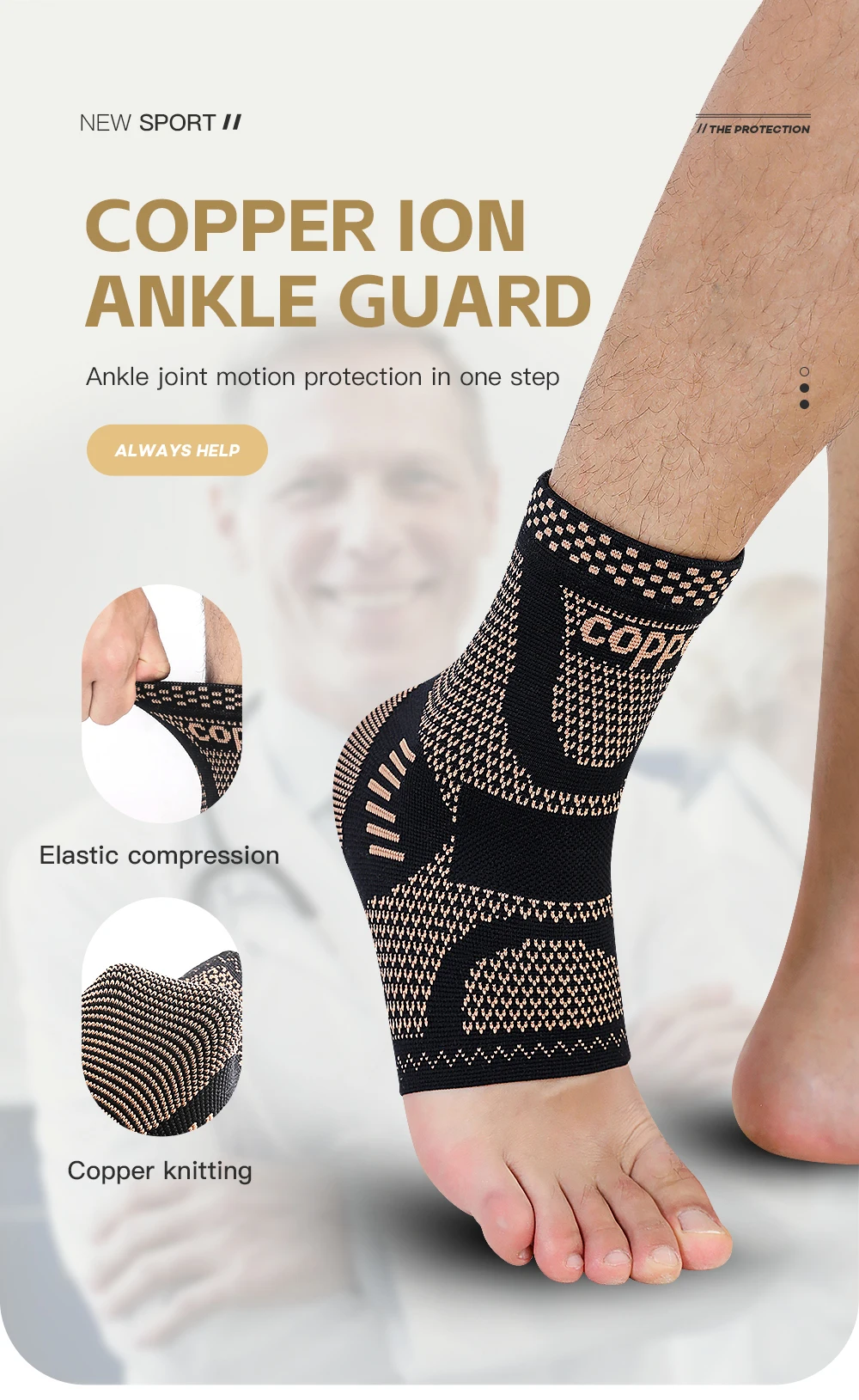 1 Stück Kupfer-Knöchelbandage, Kompressionsmanschette zur Unterstützung des Knöchels für Männer und Frauen, bei Fußschmerzen, bei der Genesung nach Verstauchungen und bei sportlichen Belastungen. – Detail 1