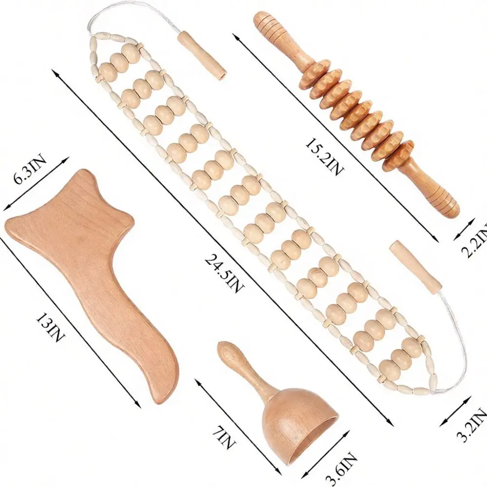 Natural Beech Wood Therapy Set Scraping Cup Muscle Relief Roller Mushroom Scalp Massager Full Body Care Wellness Kit