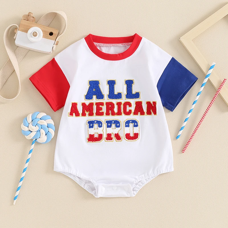 

4th of July Baby Boy Outfit Letter Embroidery Short Sleeve Romper Newborn Boy Jumpsuit Infant Boy Summer Clorthes