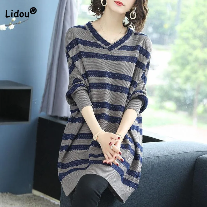 

Fashion Elegant V-Neck Striped Knitted Dresses Autumn Winter Women's Clothing All-match Temperament Long Sleeve Sweaters Dress