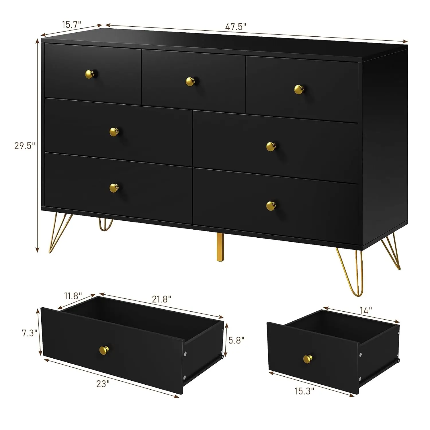 Modern 7 Drawer Dresser with Gold Handles & Metal Legs for Bedroom Hallway Entryway, Customized