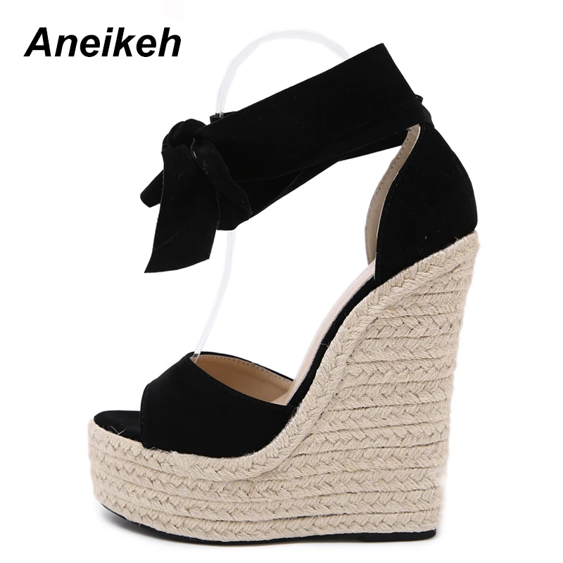 Aneikeh Women Summer Butterfly Knot Open Toe Sandals Fashion Platform High Heel Wedge Lace-Up Ankle Bowtie Dress Shoes 35-40