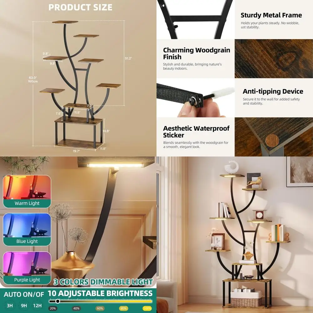 

8-уровневая книжная полка с подсветкой в стиле дерева для стильного витрины дома и офиса