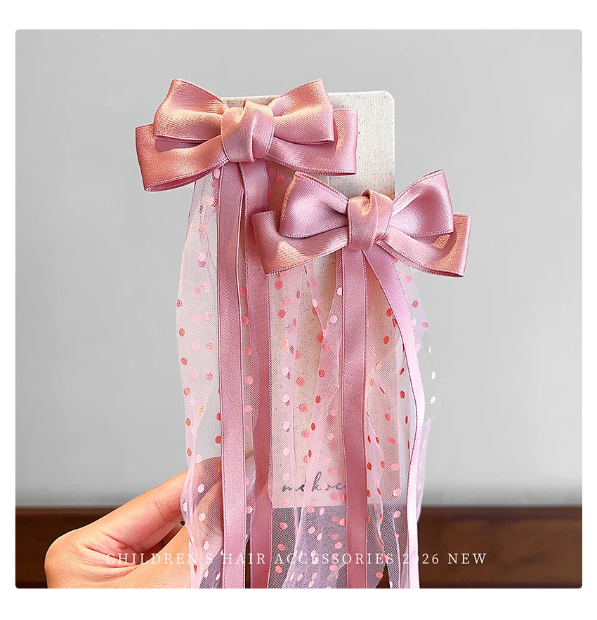 Neue Modische Kinder-Haarspange mit Schleife, Mädchen-Haarspangen aus langem Tüll, gepunktete Netz-Prinzessinnen-Haarspangen, Party-Haaraccessoires – Detail 8