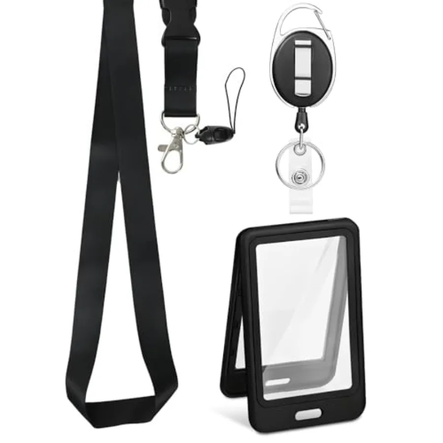 

ID Badge Holder with Lanyard, Retractable Reel Clip, Double-Sided Clear Vertical Key Card Nametag Protector, Lanyard with Relea