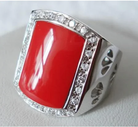 

17X30mm Red Coral 925 Sterling Marcasite Ring stone Band Ring Size 6/7/8/9