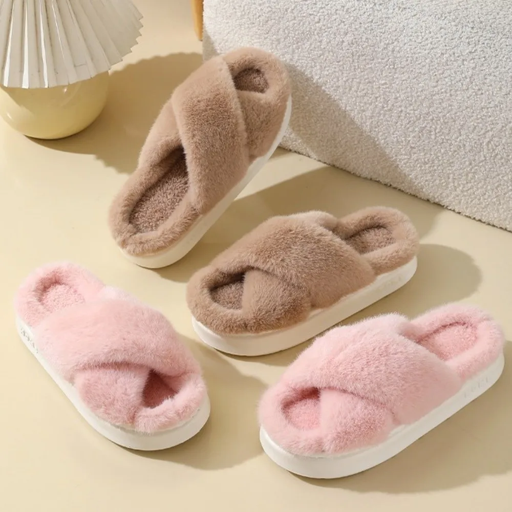 Thick-Soled Women Plush Cross-Strap Slippers Cozy And Fluffy Non-Slip Indoor Footwear Open-Toe Soft And Skin-Friendly