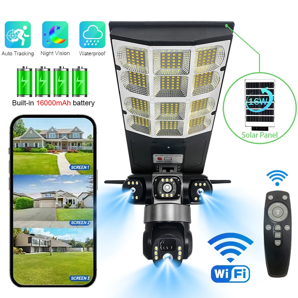 Outdoor WiFi Solar Camera Triple Lens Waterproof PIR Human Detection Color Night Vision LED Street Light V380 Pro Remote Control