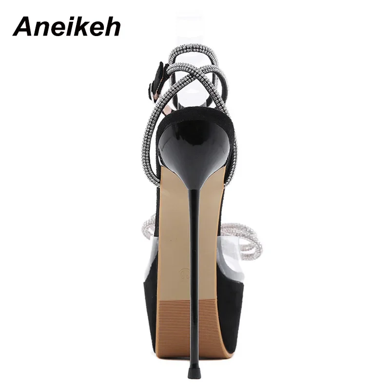 Aneikeh-Schuhe für Damen, 2026, süßer Schmetterlingsknoten, umrandeter Bling-Kristall, Patchwork-High-Heels-Sandalen, PVC, NEU, Sommer 34–40, Schwarz