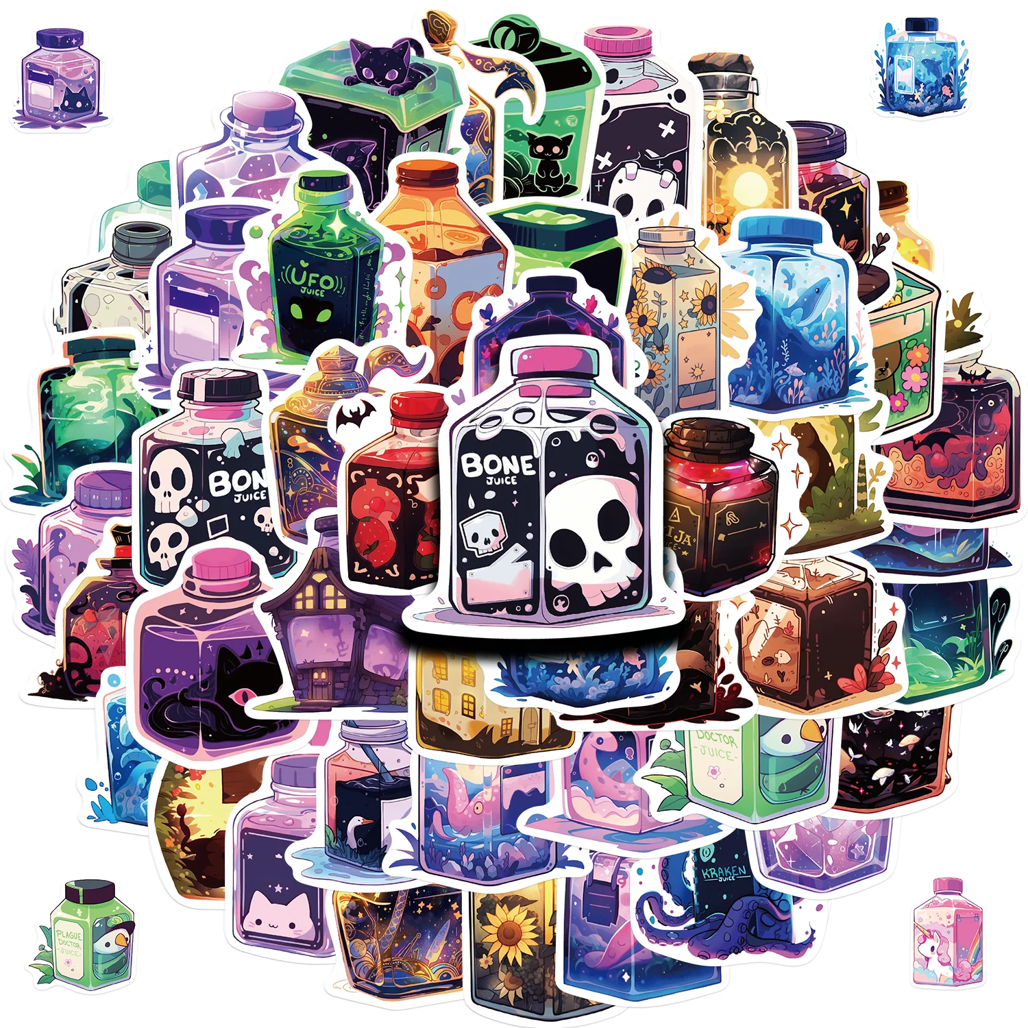 

50PCS Cartoon Magic Potion Juice Bottle Graffiti Stickers for Water Bottle Laptop Skateboard Scrapbook Luggage Kids Toy