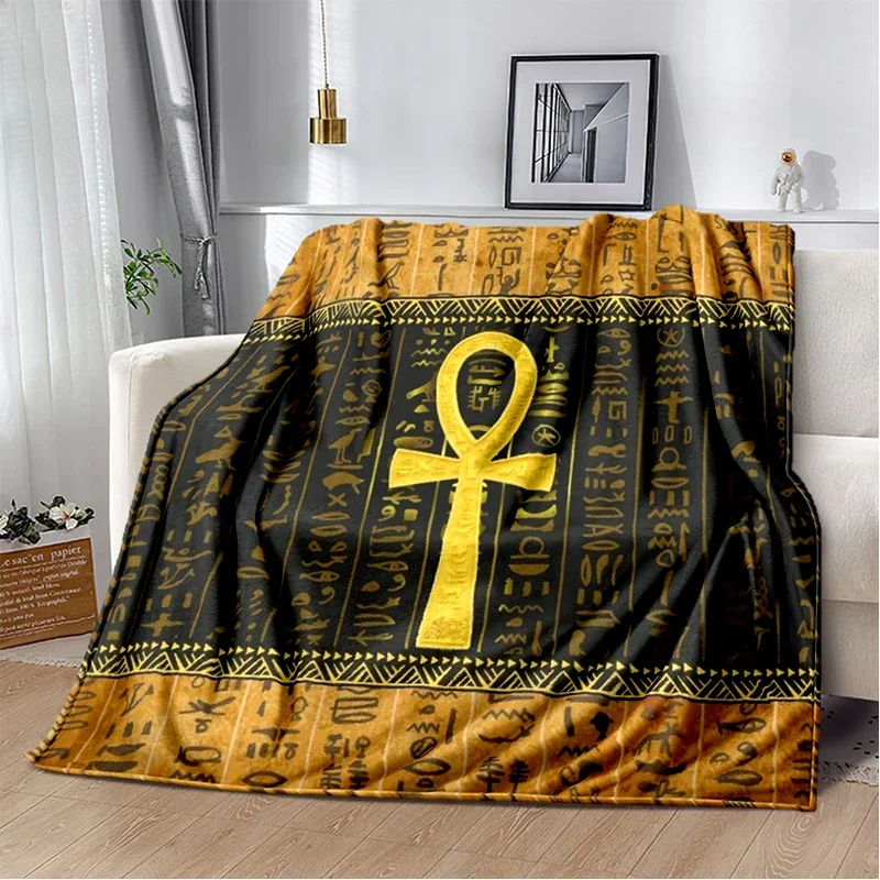 Egypt Ankh Pattern Flannel Throw Blanket Eye of Horus Bastet Symbol Soft Lightweight Warm for Bedroom Sofa Decor Adults Gifts