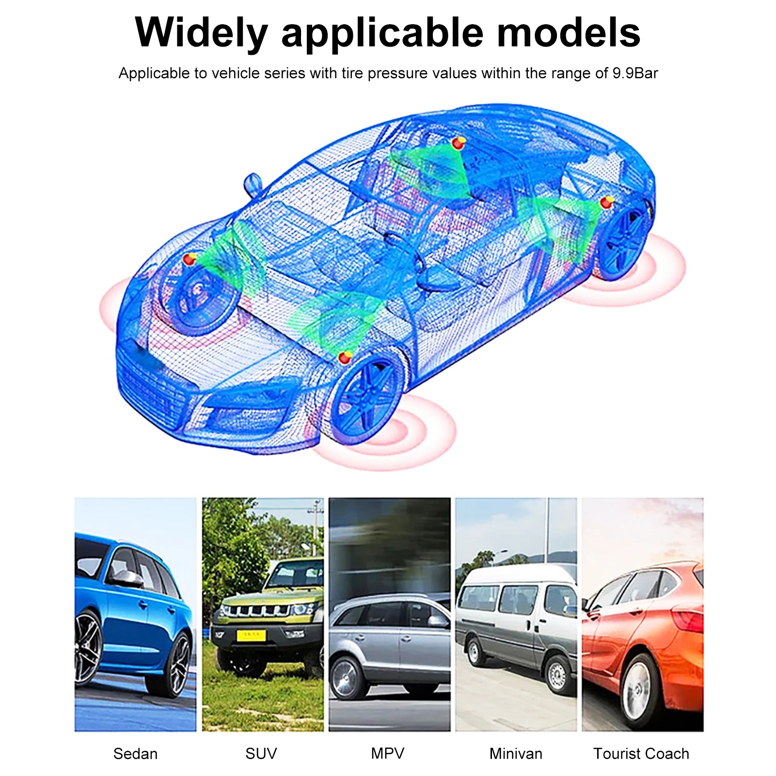 Monitor della pressione dei pneumatici con 4 sensori esterni Display LCD Ricarica solare e di tipo C Temperatura di accensione/spegnimento automatica e allarme batteria scarica