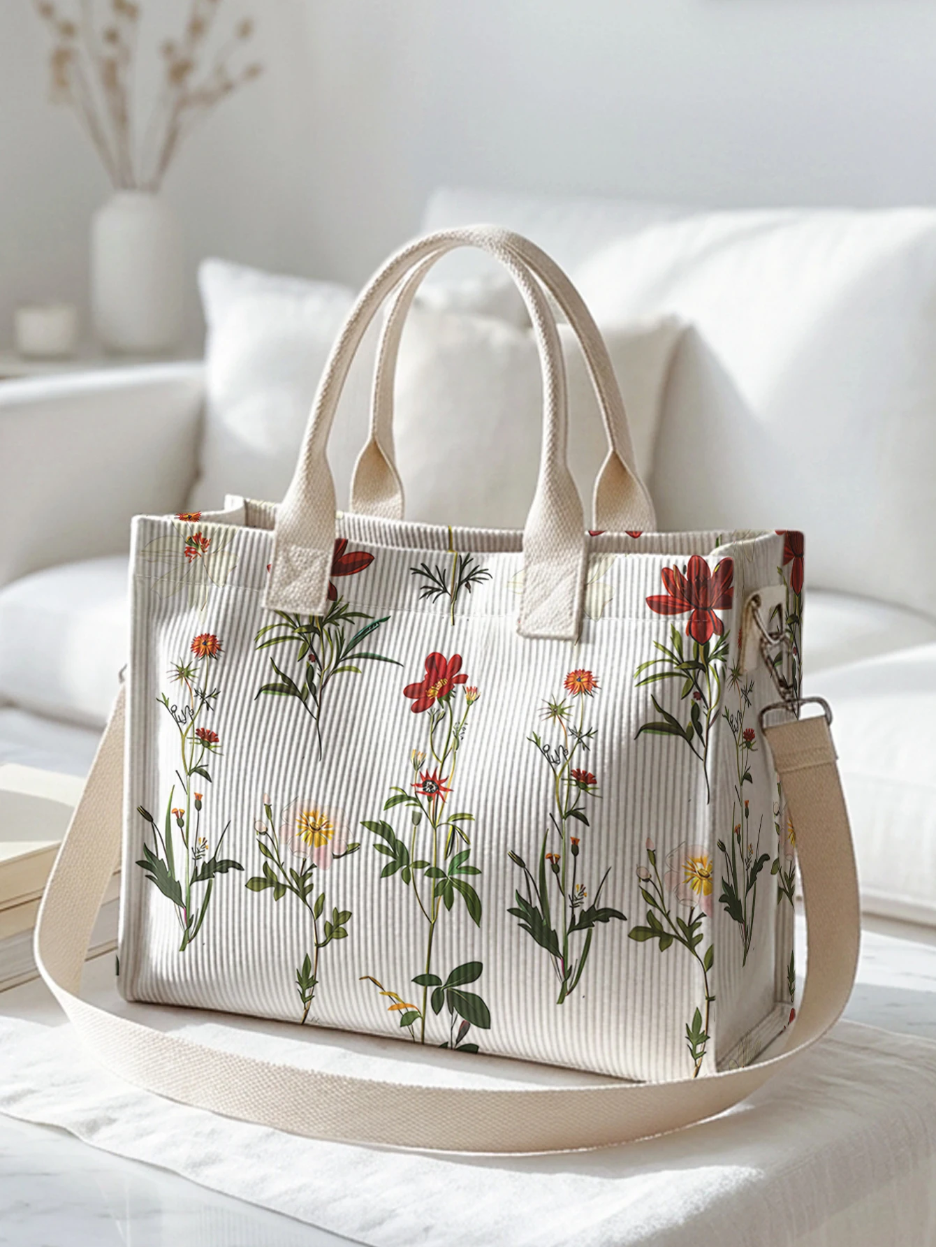 Vintage Botanical Wildflower Print Corduroy Tote Bag Large Capacity Multi Pocket Nature Lover Commuter Shoulder Bag view 3
