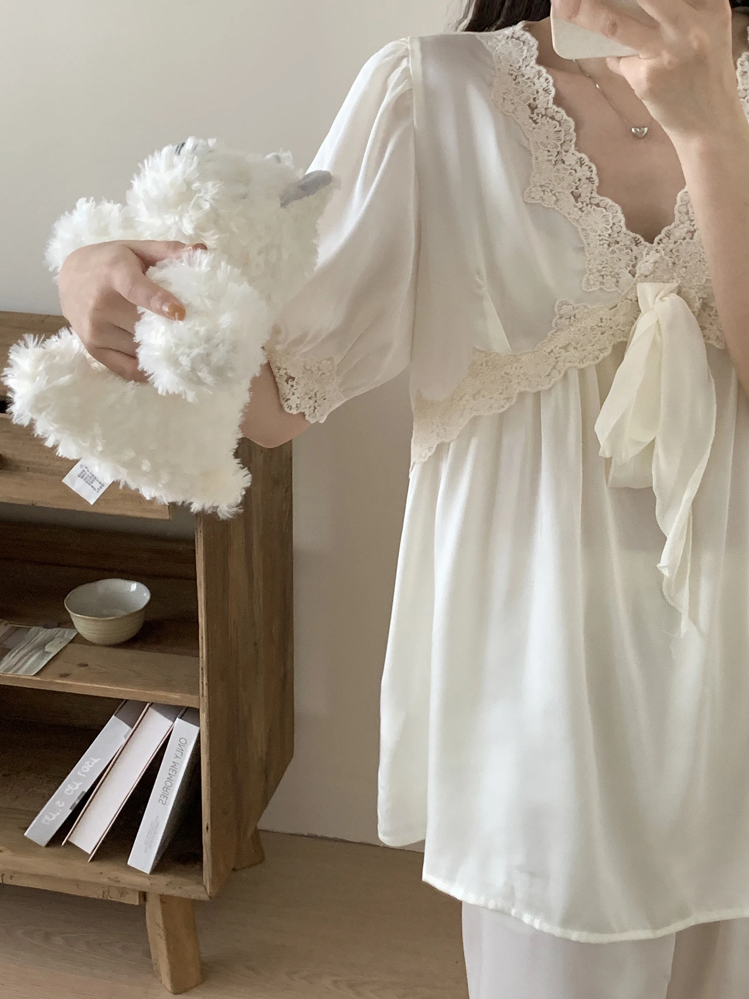French Lace Trim Bow Ice Silk Short Sleeve Pajamas for Women Sweet Princess Cool Comfortable Casual Loose Japanese Ins Home Wear
