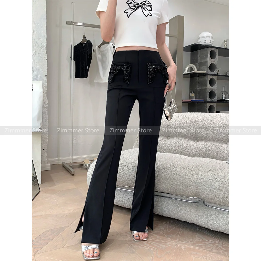 

Fashionable niche sequins bow pockets high-waisted versatile show leg length split micro flare trousers