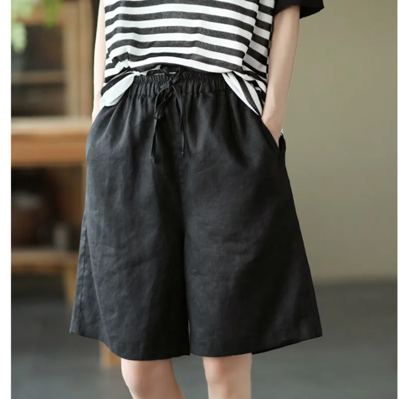 2024 Minimalist Fashion Solid Color Pocket Elastic Lace Up Women's Summer Cotton Hemp Elegance Casual Loose Straight Leg Shorts