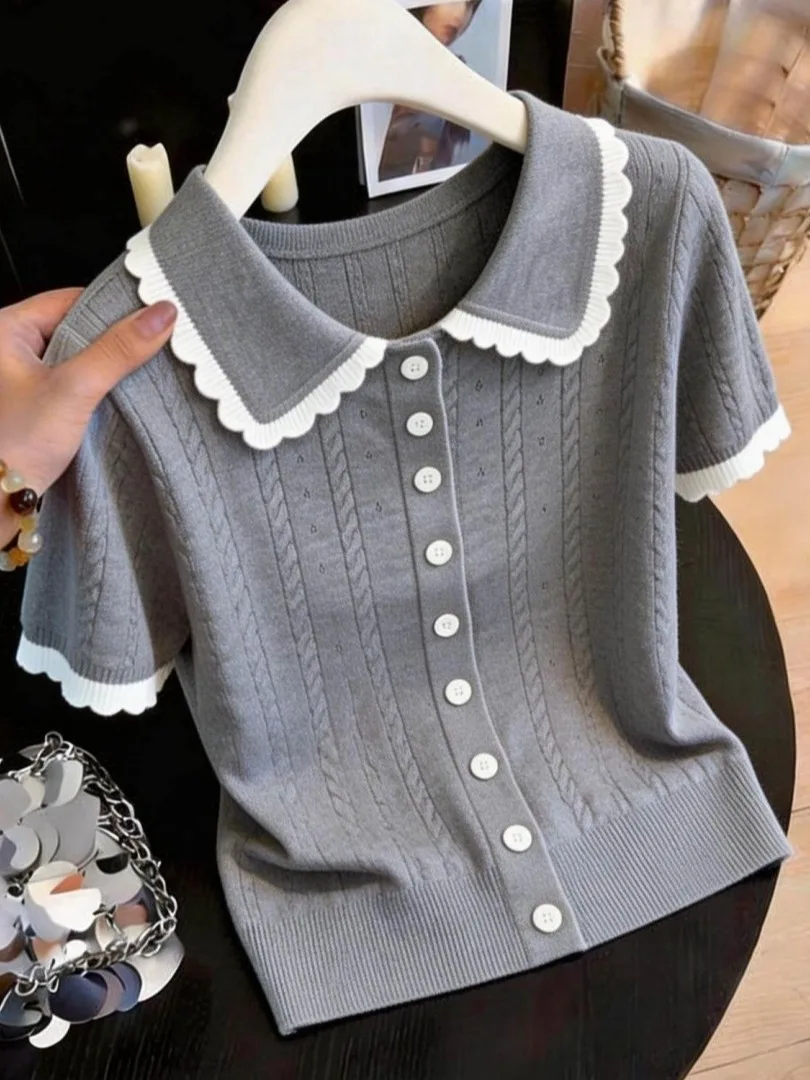 Camiseta de Verano para Mujer, Diseño de Punto, Manga Corta, Cuello de Muñeca, Estilo Casual, Suavidad Media, Tejido Fino