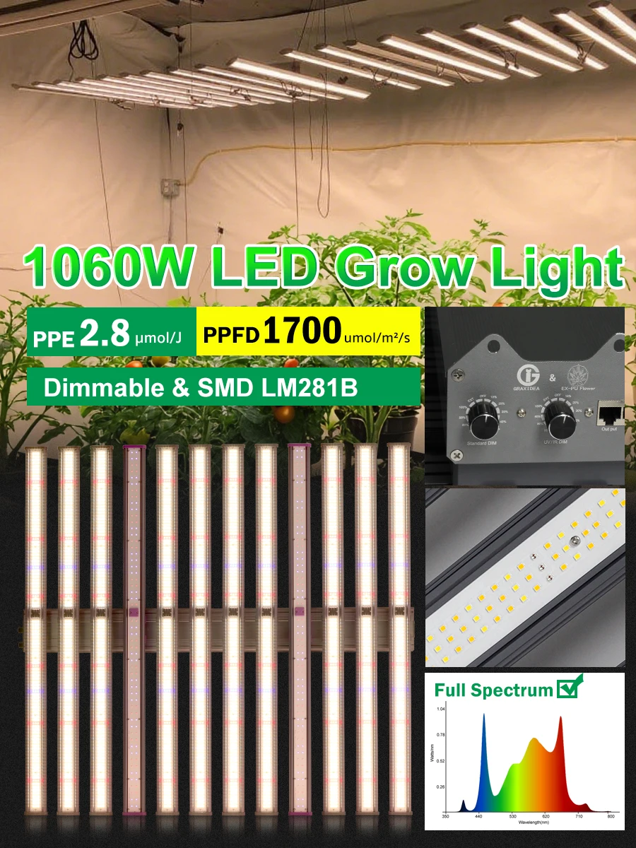 1060W Vollspektrum-LED-Pflanzenlampe Lm281B&Osram 3000K 5000K 730Nm 395Nm 1700Umol/ ㎡     Dimmbares Pflanzenlicht mit hohem PPFD für Pflanzensetzlinge