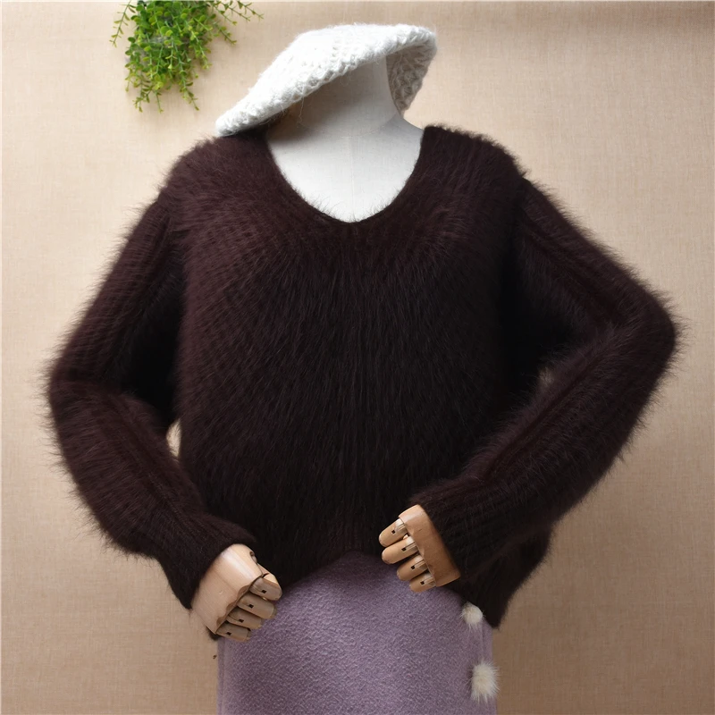 

female women autumn winter thick warm striped short style hairy mink cashmere knitted long sleeves crop top pullover sweater