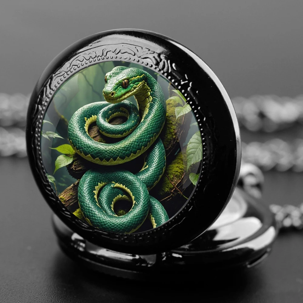 Reloj de bolsillo de cuarzo con diseño de cúpula de cristal de serpiente de bosque para hombres y mujeres, cadena de reloj colgante con números árabes, regalo exquisito