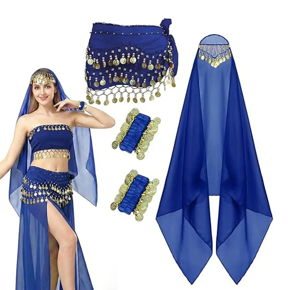 

Detachable Headpiece Women's Belly Dance Outfits Coin Wrist Bracelets Veil Accessories Belly Dance Costumes Headdress Veil