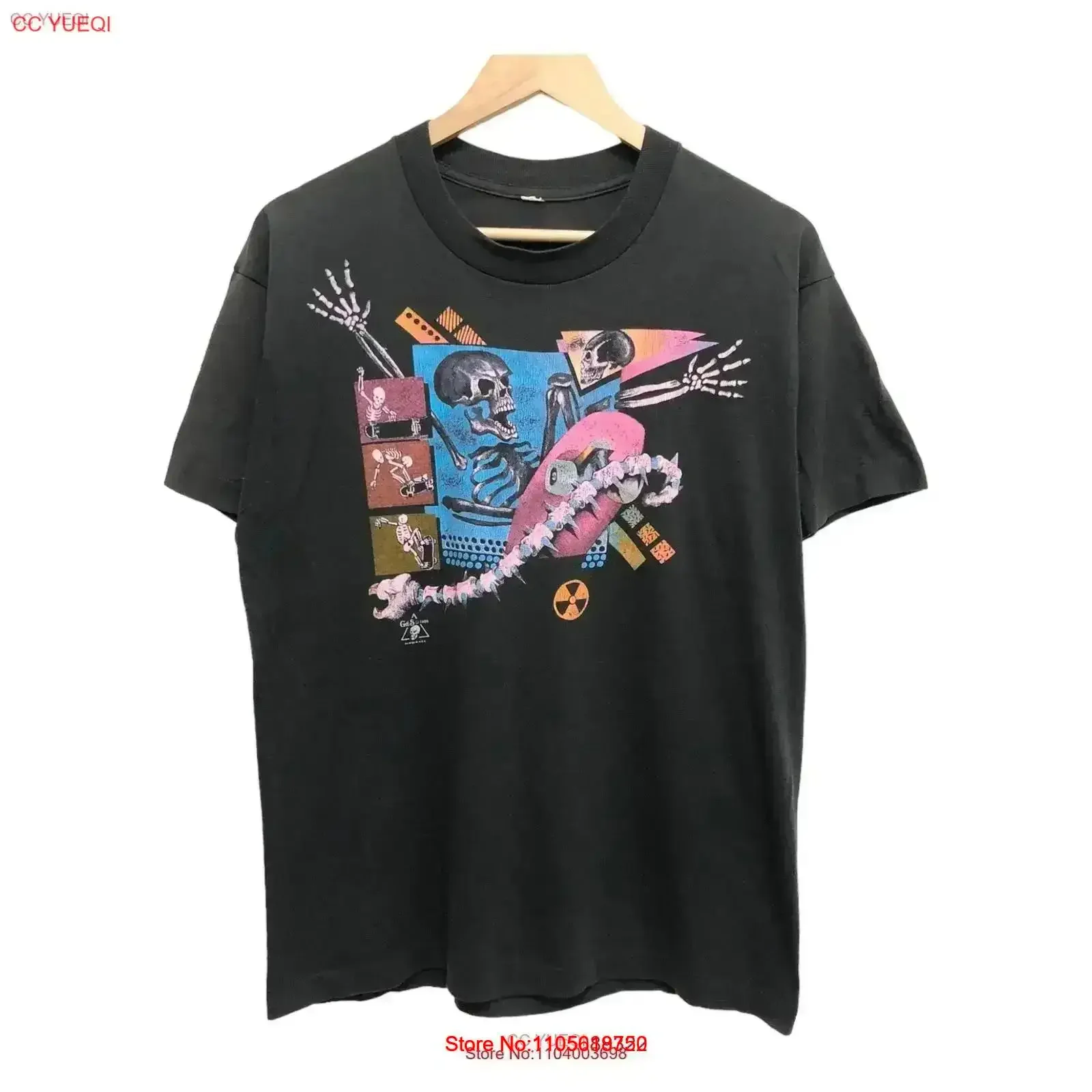 Vintage 80s 1988 G S gordon and smith skateboards skate skeleton neon graphic rare oldskate skaterock tee Washed vintage