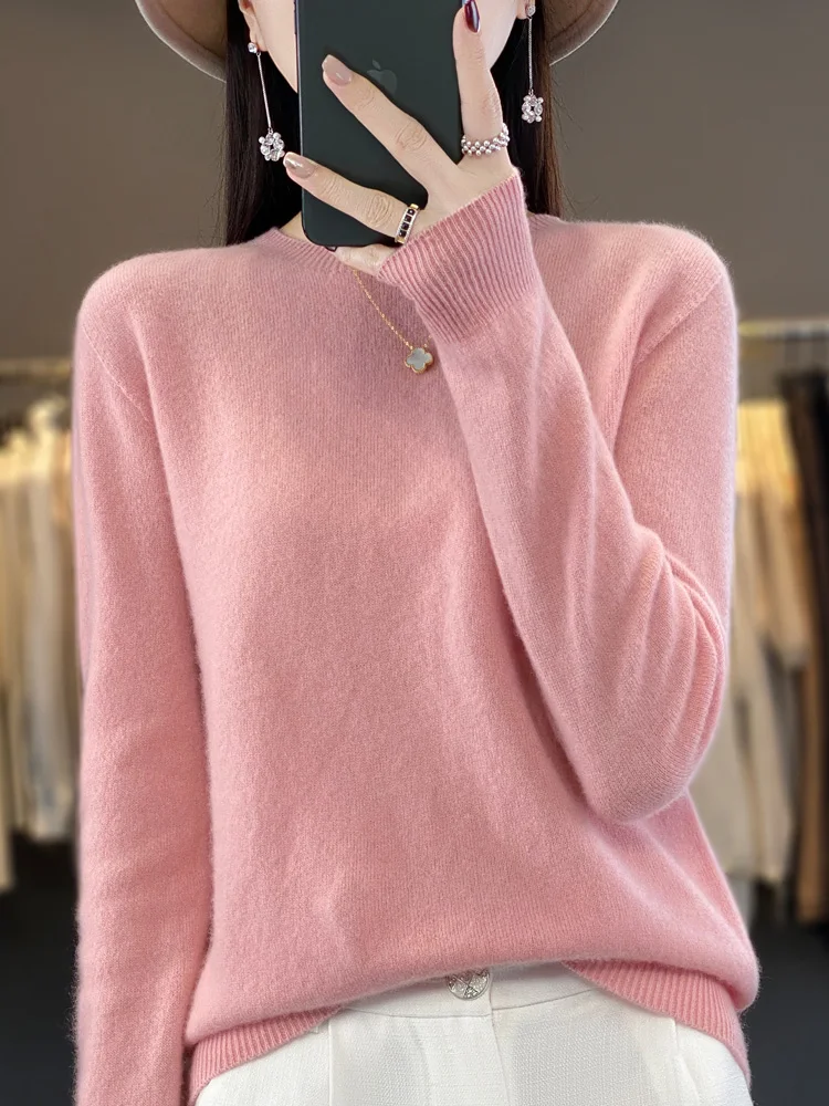 Sweater wanita lengan panjang, Atasan kemeja dasar wol Merino 100% leher O Pullover musim gugur musim dingin