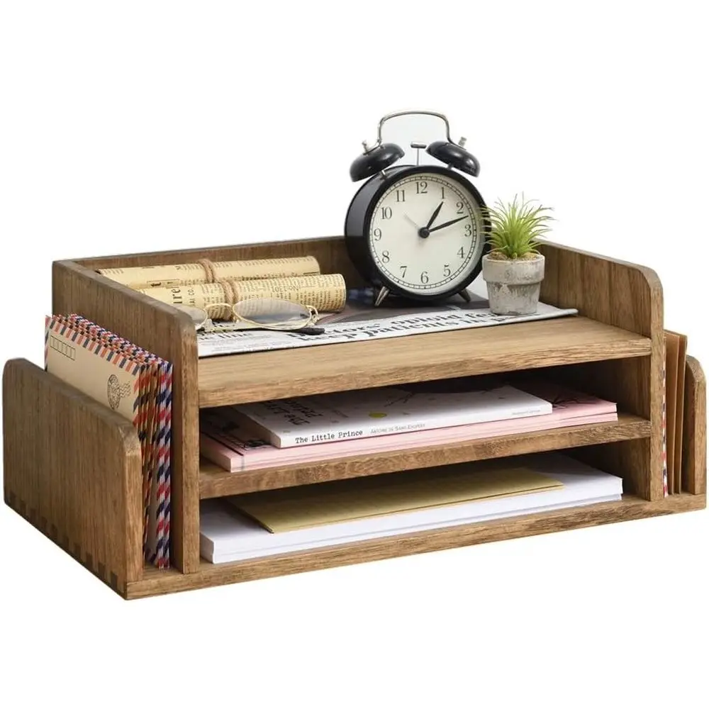 

Трехуровневый деревянный органайзер для стола с 5 лотками для почты, документов и канцелярских принадлежностей - натуральный коричневый цвет