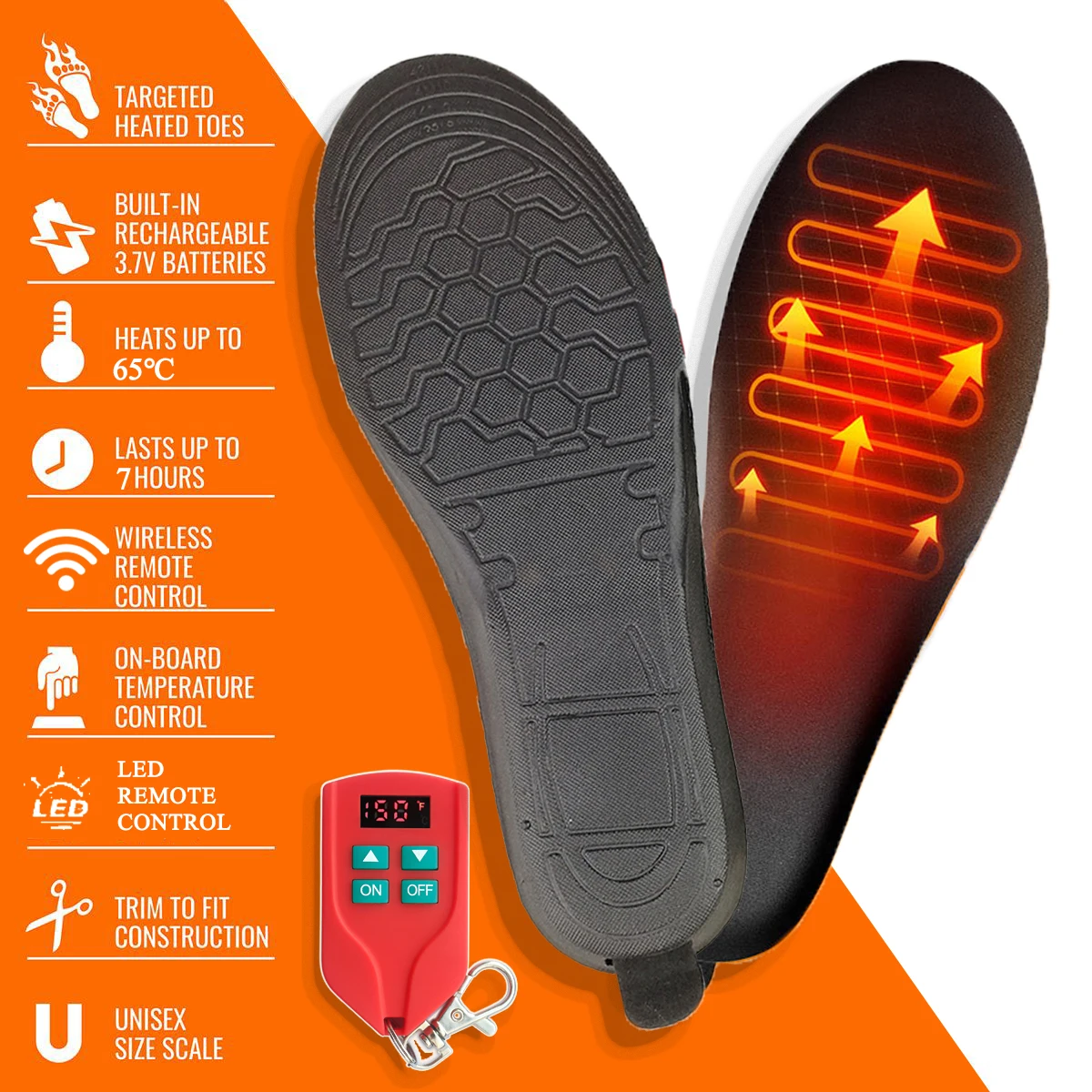 Rechargeable Heated Insole Heated Shoe Inserts with Remote Control Switch Wireless Foot Warmer for Hunting Fishing Hiking Unisex