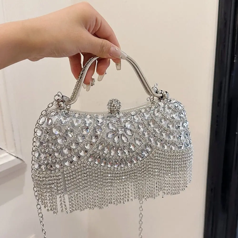 

Metal Top Handle Tassel Evening Banquet Bag Rhinestone Wrist Bag Box Handbag Glitter Large Capacity Ladies Clutch Bag Women