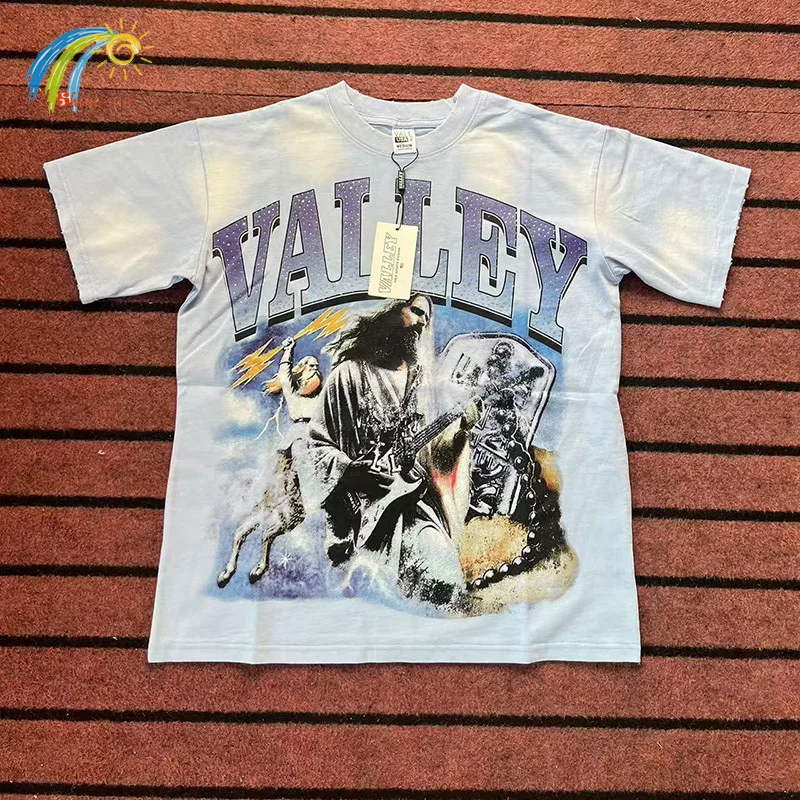 

Голубая футболка Tie-Dye с поврежденными отверстиями, классическая футболка с буквами и логотипом Flash Diamond VALLEY, мужская и женская хлопковая футболка с графикой Vale