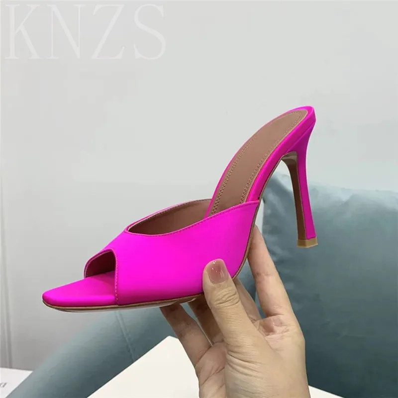 

Summer New Square Toe Fashion Mules Slippers Woman Real Leather Silk High Heels Elegant Sexy Thin Heel Party Women Slippers 2024