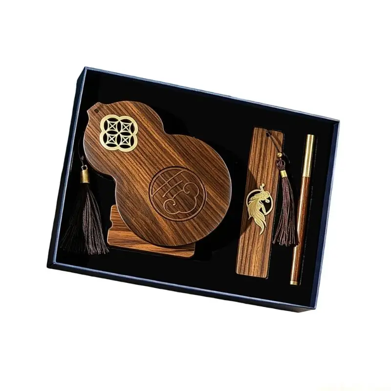 Office Study Desk Gift Set with Pen Stand, Page Marker, and Writing Pen, Wooden Chinese Container for Office Home Tabletop