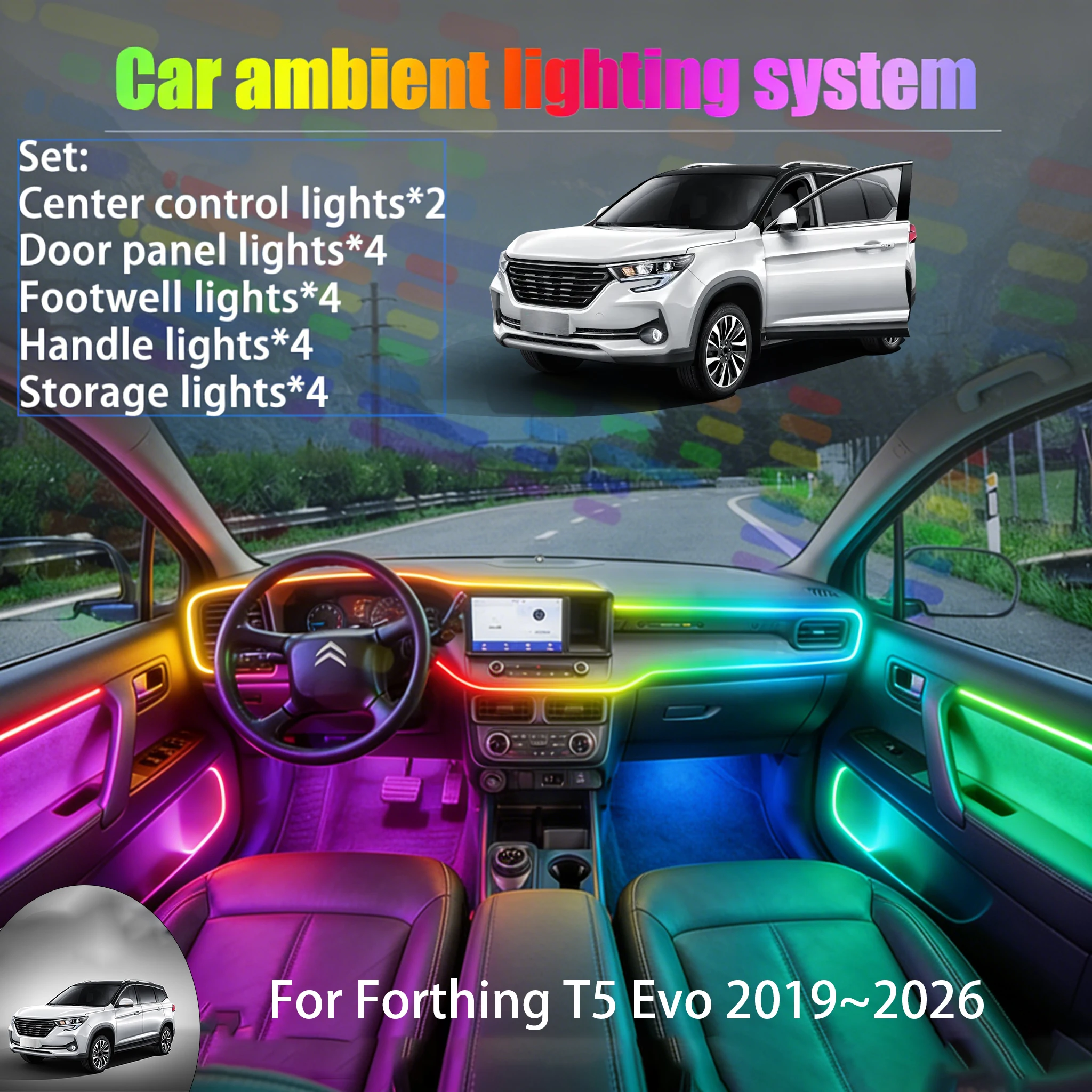 

For Forthing T5 Evo 2019~2026 2/18 in 1 Car ambient lighting Led trunk interior led lights USB RGB Ensemble Streamer Auto Parts
